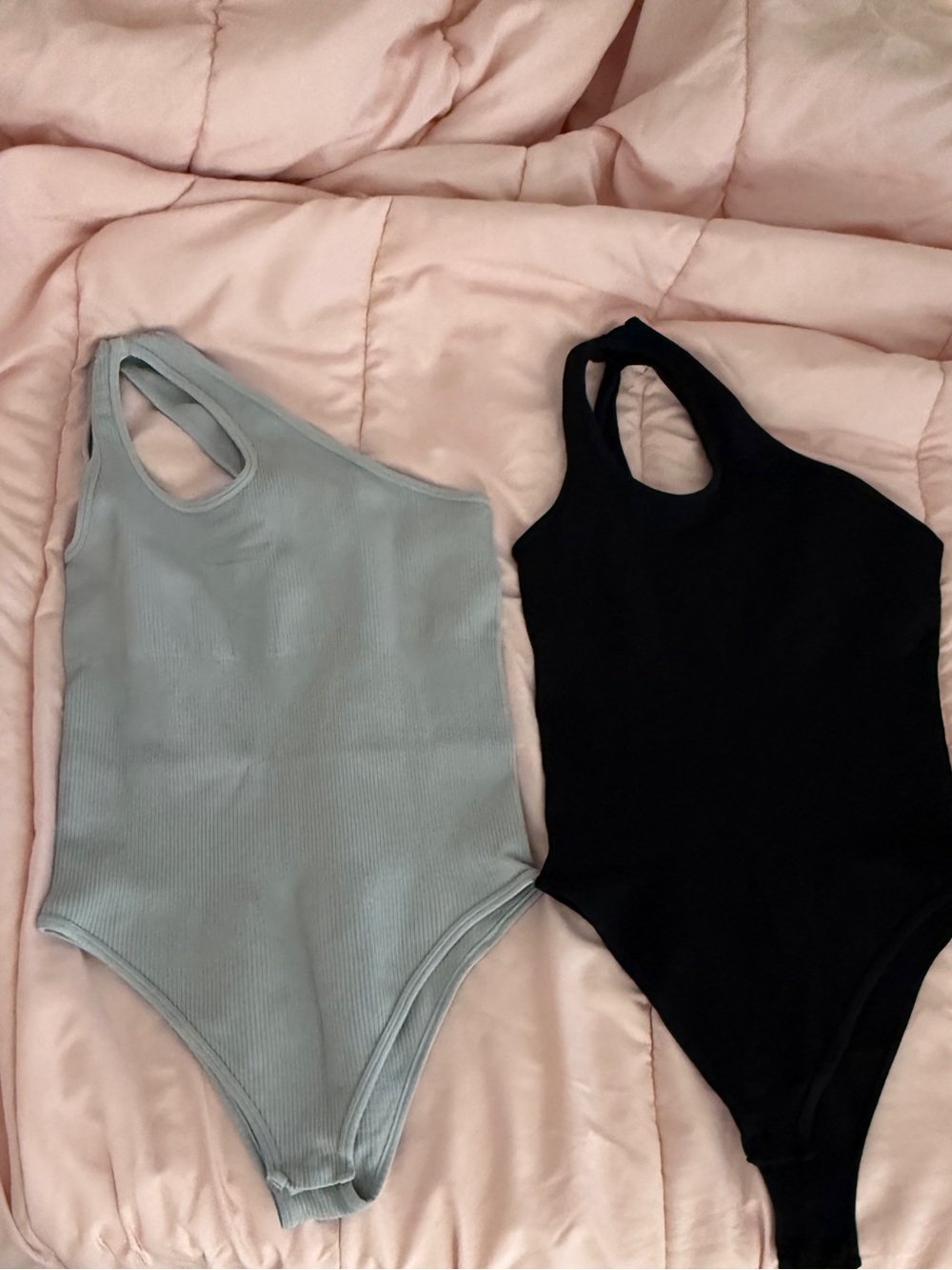 Asymmetric One-Shoulder Bodysuits - Sage Green & Black